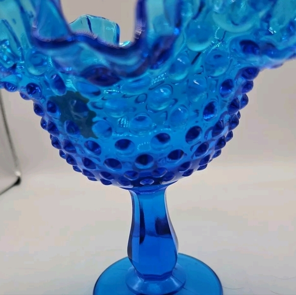 FENTON Ruffled Hobnail Footed Blue Glass Dish. Original Sticker. 6"H X 5"D - Picture 11 of 11